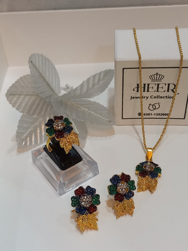 Dimand Cut Zircon Locket Set, 22-K Gold Plated - Heer Jewellery