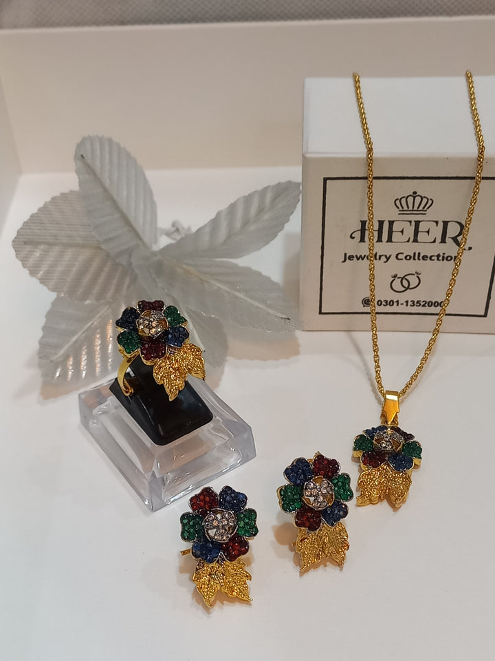 Dimand Cut Zircon Locket Set, 22-K Gold Plated - Heer Jewellery