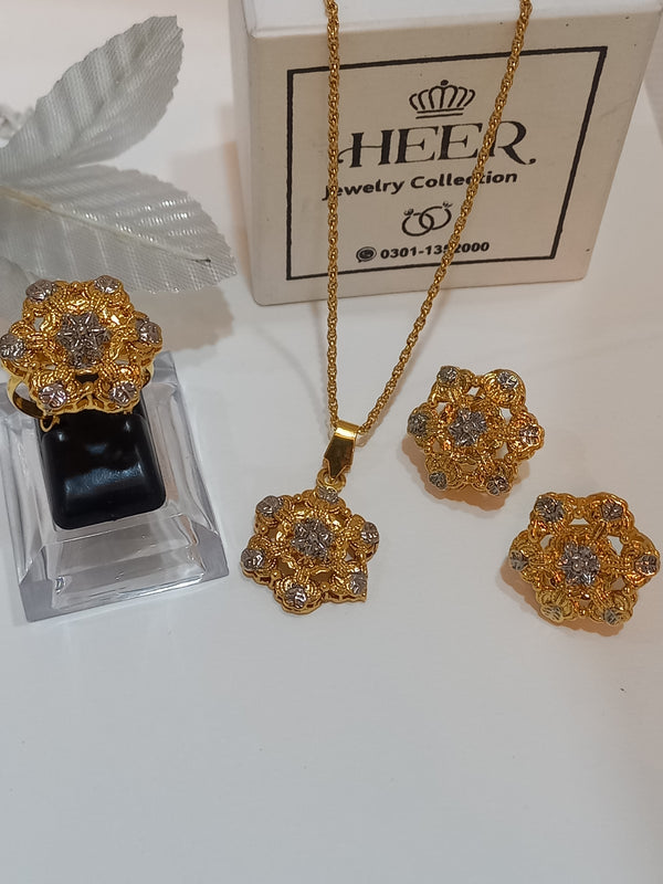 Dimand Cut Zircon Locket Set, 22-K Gold Plated - Heer Jewellery
