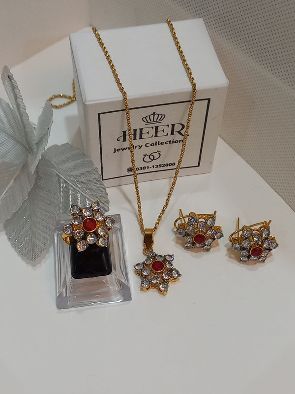 Dimand Cut Zircon Locket Set, 22-K Gold Plated - Heer Jewellery