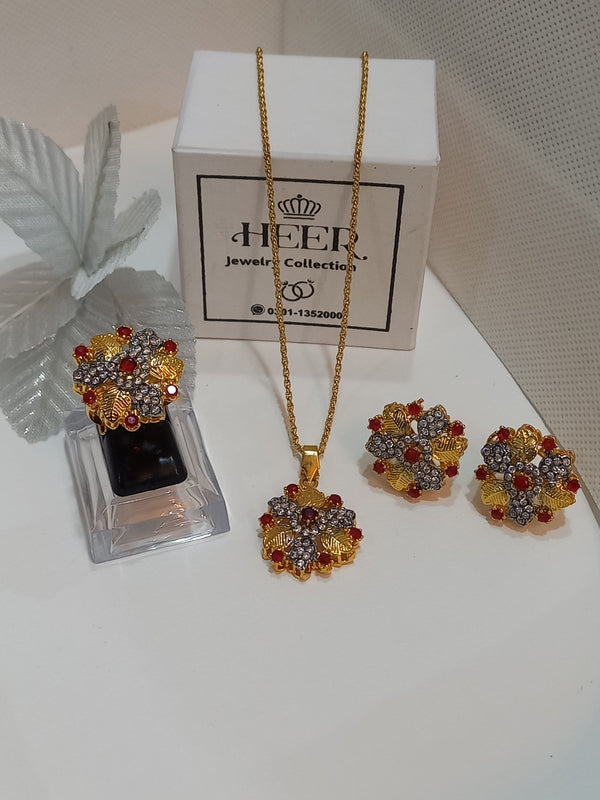 Dimand Cut Zircon Locket Set, 22-K Gold Plated - Heer Jewellery