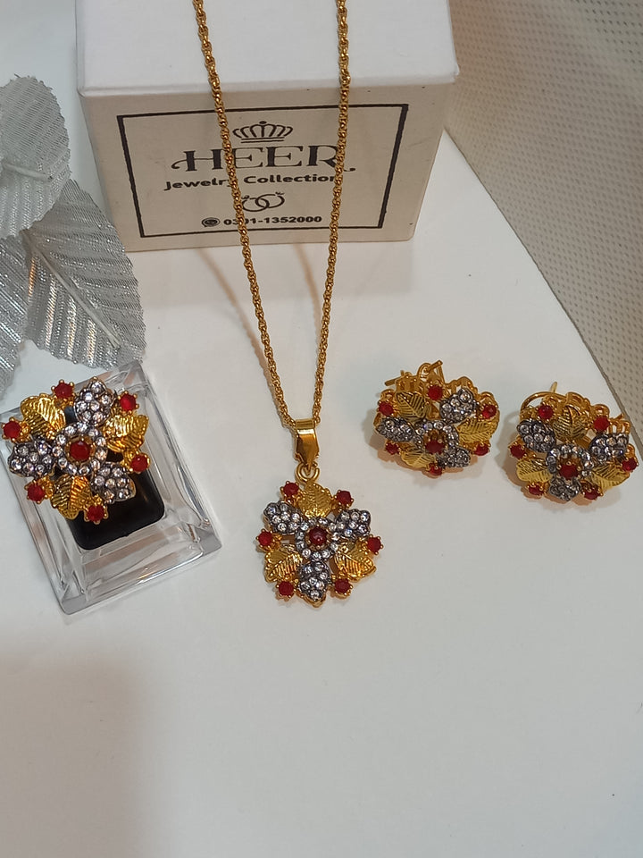 Dimand Cut Zircon Locket Set, 22-K Gold Plated - Heer Jewellery
