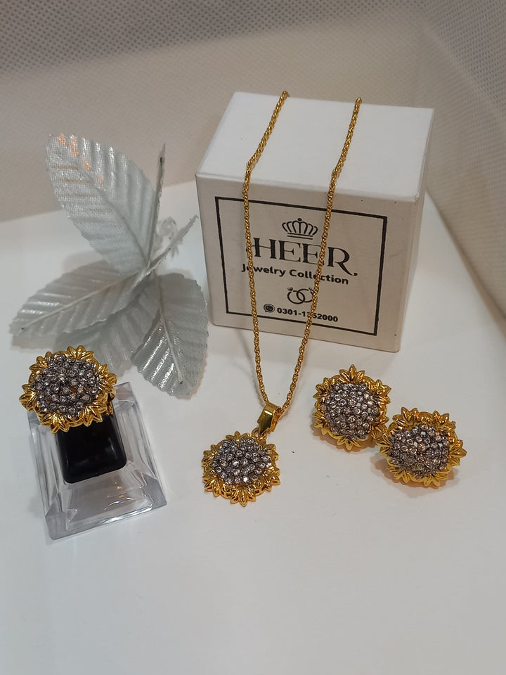 Dimand Cut Zircon Locket Set, 22-K Gold Plated - Heer Jewellery