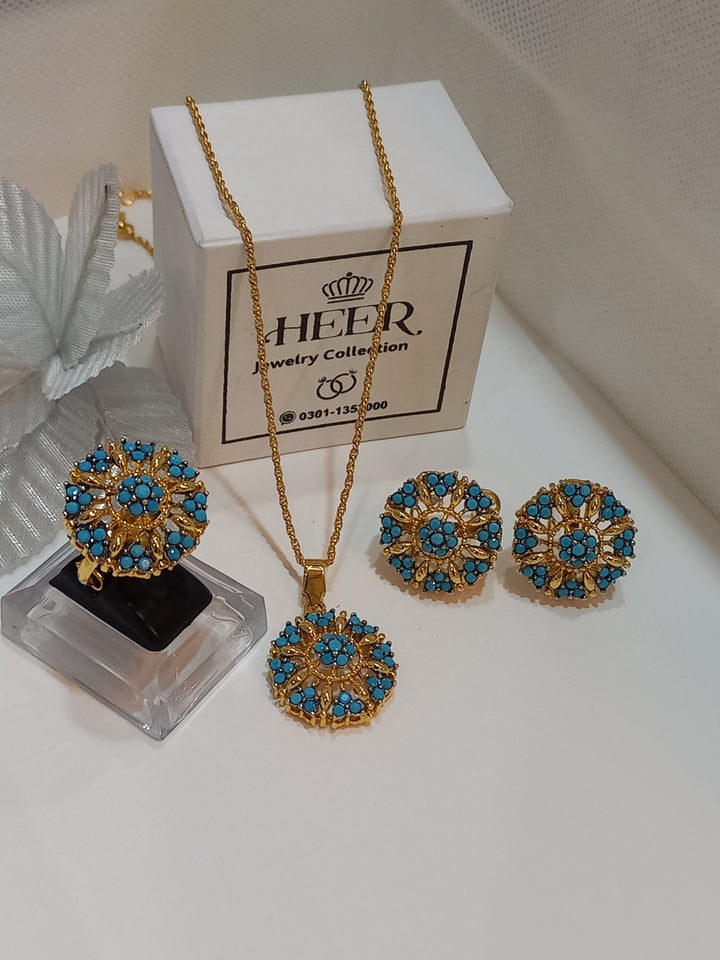 Original Feroza with Zircon Locket Set 22-K Gold Plated (GJM-25-17) - Heer Jewellery