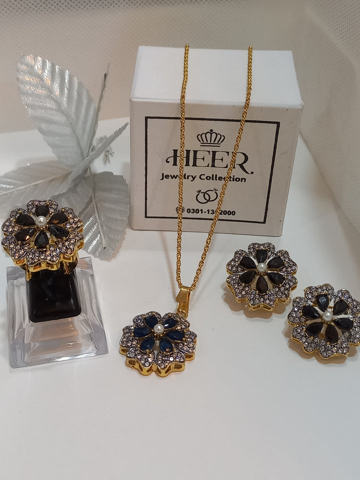 Dimand Cut Zircon Locket Set, 22-K Gold Plated - Heer Jewellery