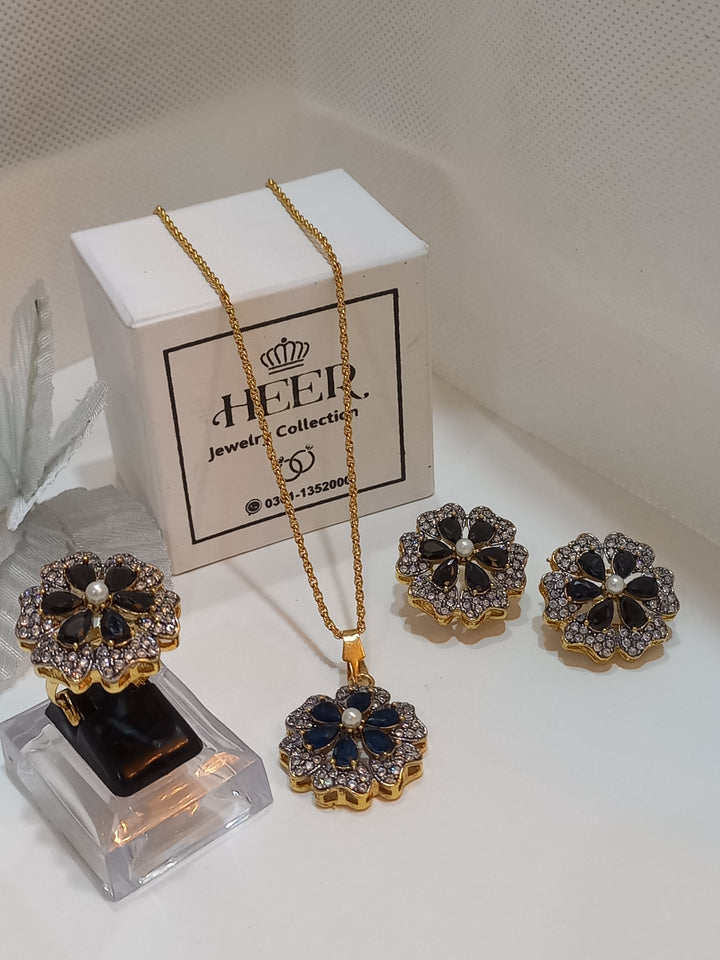 Dimand Cut Zircon Locket Set, 22-K Gold Plated - Heer Jewellery