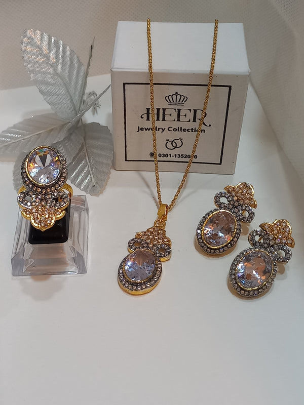 Dimand Cut Zircon Locket Set, 22-K Gold Plated - Heer Jewellery