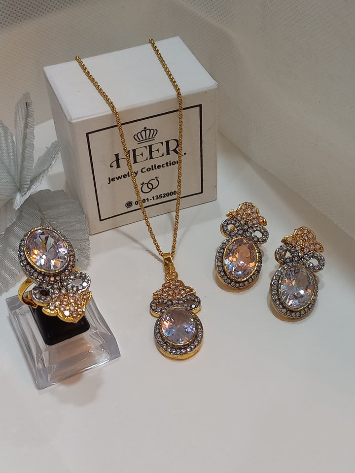 Dimand Cut Zircon Locket Set, 22-K Gold Plated - Heer Jewellery