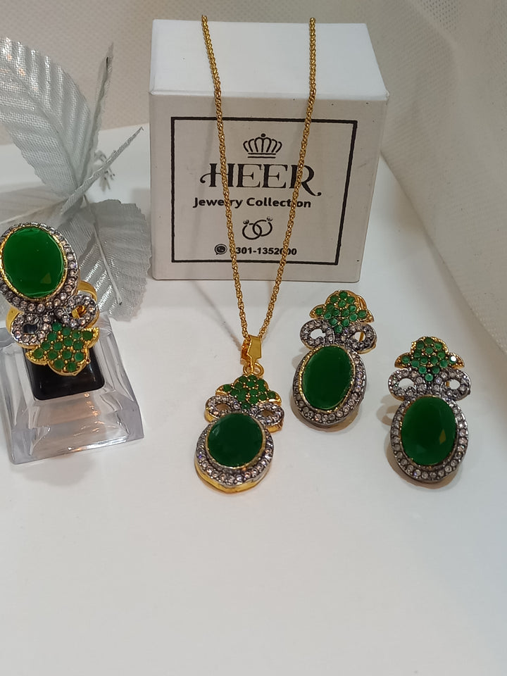 Dimand Cut Zircon Locket Set, 22-K Gold Plated - Heer Jewellery