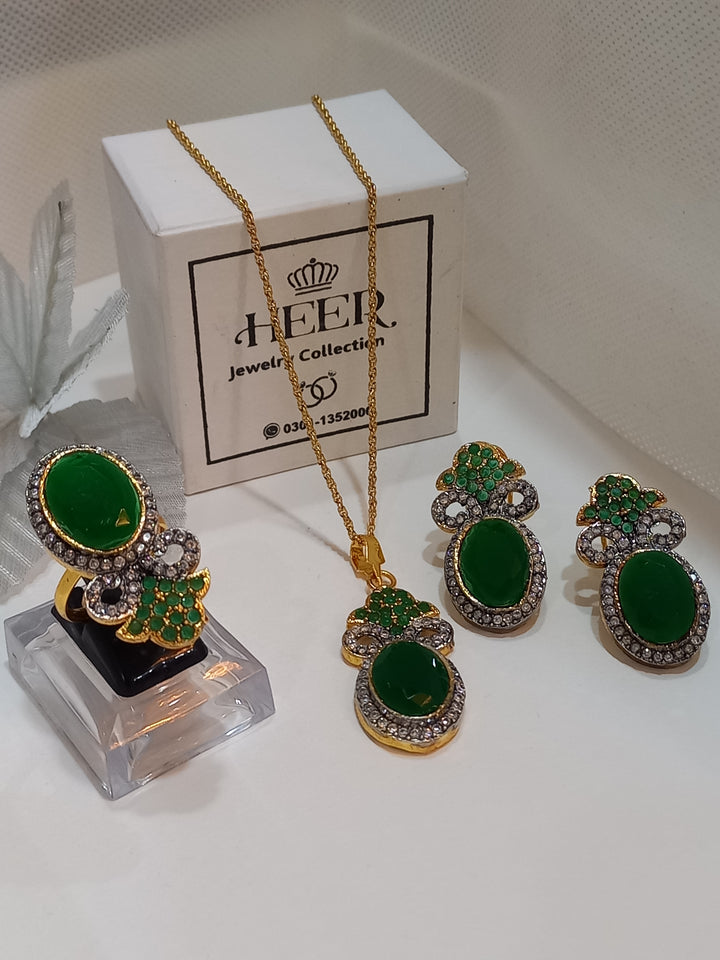 Dimand Cut Zircon Locket Set, 22-K Gold Plated - Heer Jewellery