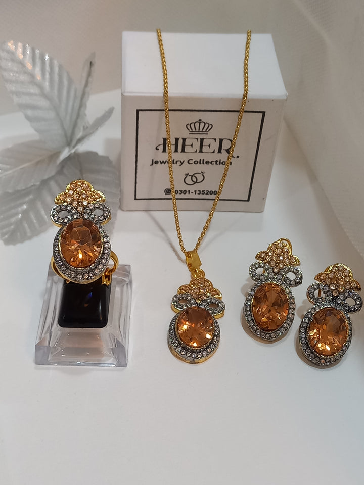 Dimand Cut Zircon Locket Set, 22-K Gold Plated - Heer Jewellery