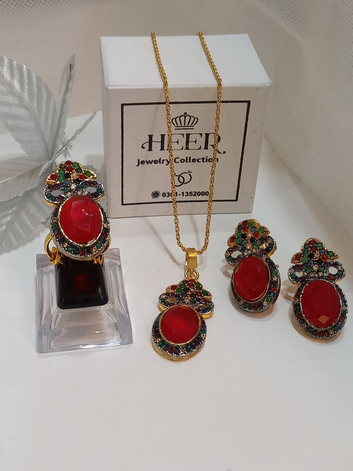Dimand Cut Zircon Locket Set, 22-K Gold Plated - Heer Jewellery