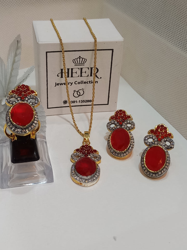 Dimand Cut Zircon Locket Set, 22-K Gold Plated - Heer Jewellery