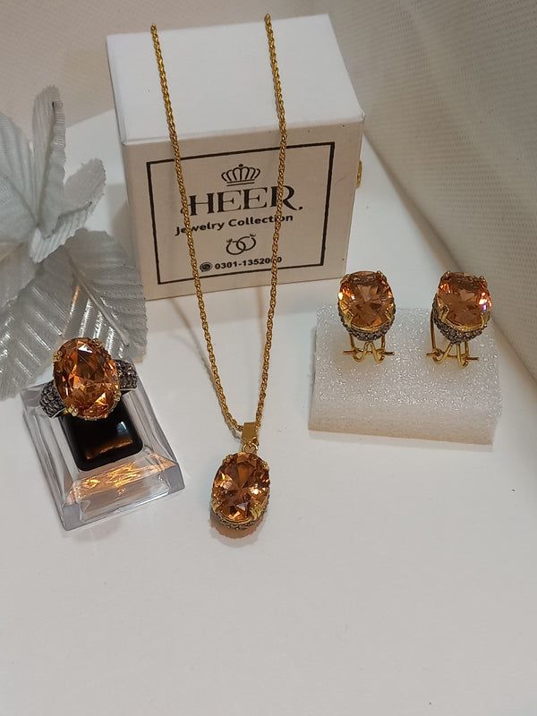 Dimand Cut Zircon Locket Set, 22-K Gold Plated (GJM-25-19) - Heer Jewellery