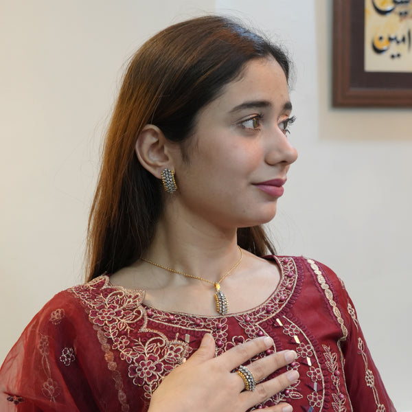 Dimond Cut Zircon Locket Set 22-K Gold Plated Set - Heer Jewellery