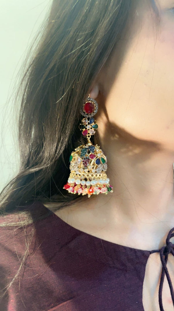 Kundan Jhumki Traditional Nurattan - Heer Jewellery