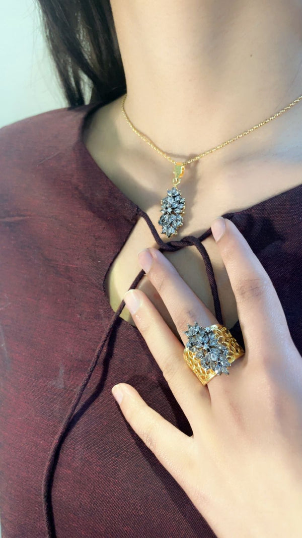 Dimand Cut Zircon Locket Set, 22-K Gold Plated - Heer Jewellery