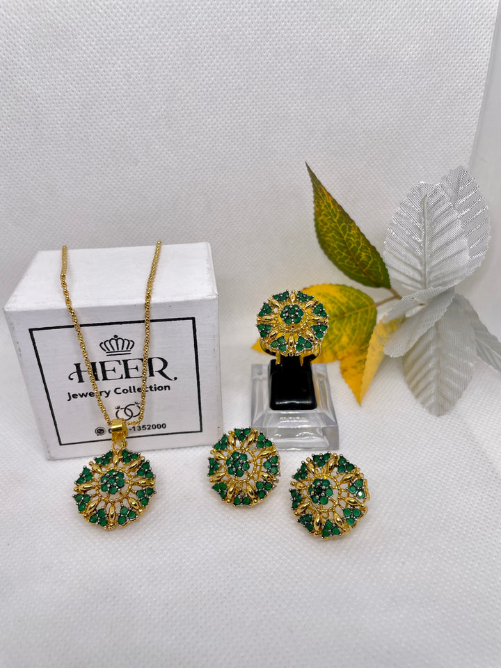 Original Feroza with Zircon Locket Set 22-K Gold Plated (GJM-25-17) - Heer Jewellery