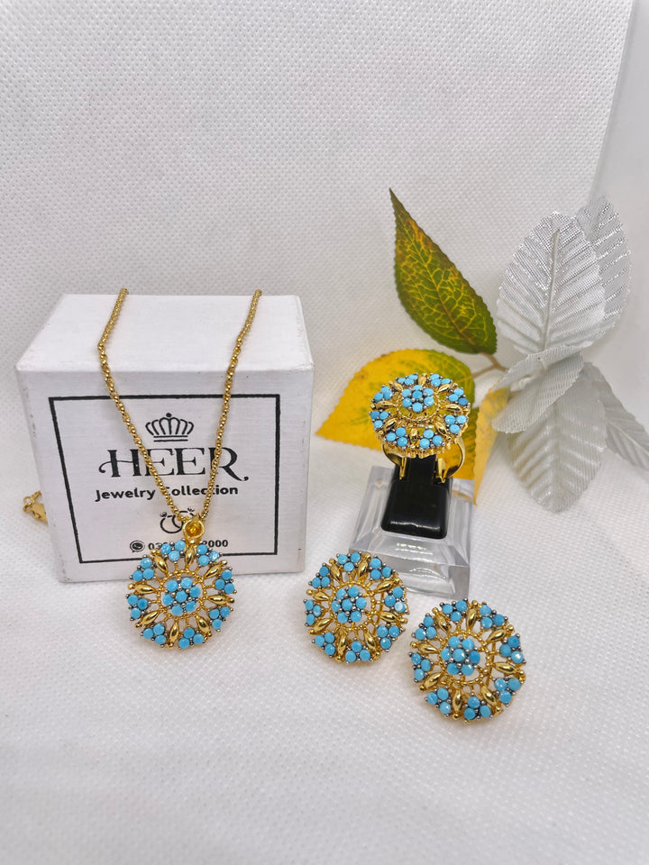 Original Feroza with Zircon Locket Set 22-K Gold Plated (GJM-25-17) - Heer Jewellery