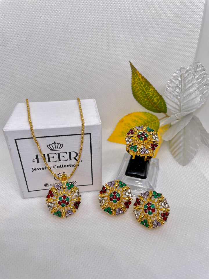 Original Feroza with Zircon Locket Set 22-K Gold Plated (GJM-25-17) - Heer Jewellery