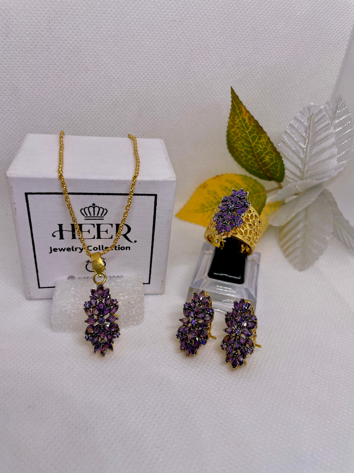 Dimand Cut Zircon Locket Set, 22-K Gold Plated - Heer Jewellery
