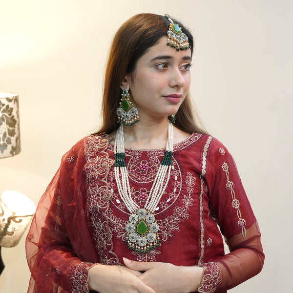 Heer Omega Long Broch Mala Set with Tika Mala-25-10 - Heer Jewellery