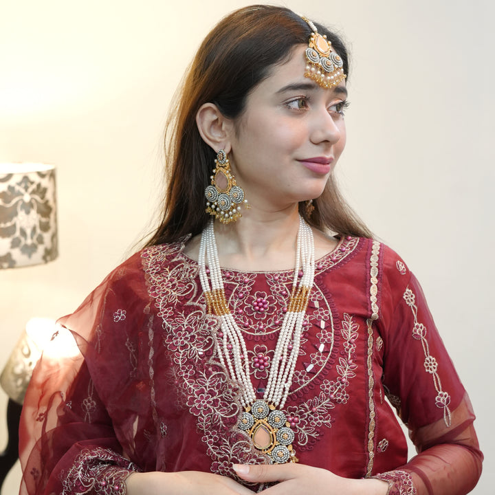 Heer Omega Long Broch Mala Set with Tika Mala-25-10 - Heer Jewellery